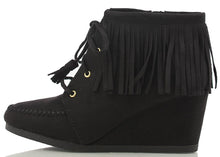City Classified Women's Faux Suede Moccasin Fringe Lace Up Wedge