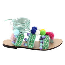 Chase & Chloe Simone-1 Women's Leg Wrap Tassel Pom-Pom Beads Flat Sandals