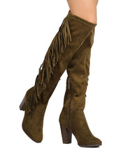Breckelles GB03 Women Faux Suede Over The Knee Falling Fringe Chunky Heel Boot