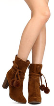 Breckelle's Women's Wrap Around Pom Pom Chunky Stacked Heel Ankle Bootie