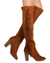 Breckelles GB03 Women Faux Suede Over The Knee Falling Fringe Chunky Heel Boot