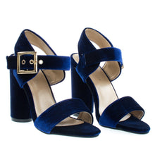Round Cylinder Block High Heel w Thick Ankle Strap & Metallic Velvet