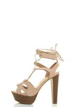 Breckelles Womens Peep Toe Leg Wrap Lace Up Thick High Heel Pump Sandal Shoes