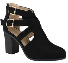 Bella Marie Women's Strappy Buckle Cutout Stacked Chunky Heel Bootie