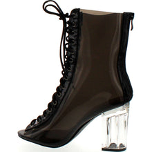Forever Clear-45 Above Ankle Clear Peep Toe Lace Up Boots & Perspex Plexiglas Block Heel