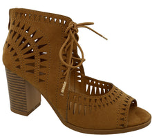 Top Moda Women's Laser Cut Lace Up Stacked Chunky Heel Ankle Bootie Sandal