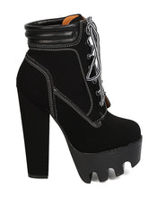 Women Nubuck Lug Sole Block Heel Bootie - Dressy, Cosplay, Night Out - Lace Up Heel Boot - GC93 By Wild Diva