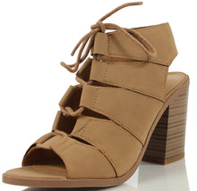 Soda Women's Quince Faux Leather Peep Toe Lace Up Gladiator Slingback Open Back Ankle Boot