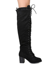 Nature Breeze FI01 Women Faux Suede Over The Knee Lace Up Chunky Heel Combat Boot