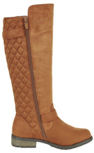 Calf High Biker Boots, Quilted Panel, Stack Heel & Threaded Lug Sole