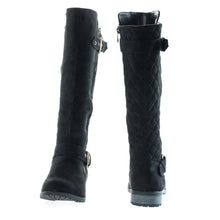 Calf High Biker Boots, Quilted Panel, Stack Heel & Threaded Lug Sole