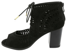 Top Moda Women's Laser Cut Lace Up Stacked Chunky Heel Ankle Bootie Sandal