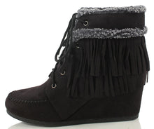 City Classified Women's Faux Suede Faux Fur Moccasin Fringe Lace Up Wedge