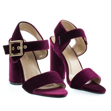 Round Cylinder Block High Heel w Thick Ankle Strap & Metallic Velvet