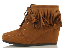 City Classified Women's Faux Suede Moccasin Fringe Lace Up Wedge