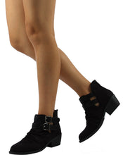 Soda Women's Verity Ruched Cut Out Side Double Buckle Side Stacked Heel Ankle Bootie