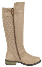 Calf High Biker Boots, Quilted Panel, Stack Heel & Threaded Lug Sole