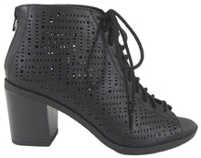 Soda Women's Laser Cut Peep Toe Lace Up Chunky Heel Bootie