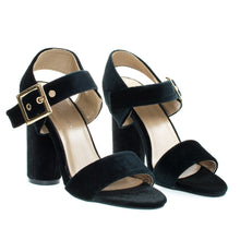 Round Cylinder Block High Heel w Thick Ankle Strap & Metallic Velvet