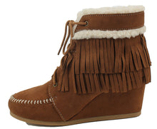 City Classified Women's Faux Suede Faux Fur Moccasin Fringe Lace Up Wedge