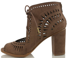 Delicious Women's Yorker Faux Suede Cutout Lace Up Open Toe Stacked Heel