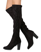 Breckelles GB03 Women Faux Suede Over The Knee Falling Fringe Chunky Heel Boot