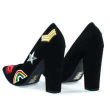 Embroidered Retro Graphic Lips, Rainbow, Star Patch Block Heel Dress Pump