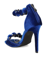 Cape Robin Alza-45 Women Velvet Pom Pom Stiletto Sandal Ankle Strap Sandal