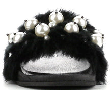 Cape Robbin Moira-12 Women Flip Flop Faux Fur Pearl Slide Slip On Flat Sandal Shoe Slipper Black