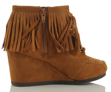 City Classified Women's Faux Suede Moccasin Fringe Lace Up Wedge