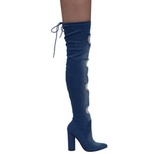 X2B FG50 Women's Over The Knee Ripped Distressed Chunky Block Heel Denim Boots