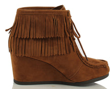 City Classified Women's Faux Suede Moccasin Fringe Lace Up Wedge