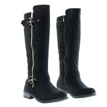 Calf High Biker Boots, Quilted Panel, Stack Heel & Threaded Lug Sole