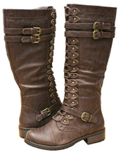 Cambridge Select Women's Strappy Lace-Up Knee High Combat Stacked Heel Boot