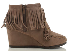 City Classified Women's Faux Suede Moccasin Fringe Lace Up Wedge
