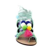 Chase & Chloe Simone-1 Women's Leg Wrap Tassel Pom-Pom Beads Flat Sandals