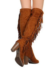 Breckelles GB03 Women Faux Suede Over The Knee Falling Fringe Chunky Heel Boot