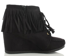 City Classified Women's Faux Suede Moccasin Fringe Lace Up Wedge