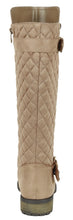 Calf High Biker Boots, Quilted Panel, Stack Heel & Threaded Lug Sole