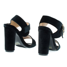 Round Cylinder Block High Heel w Thick Ankle Strap & Metallic Velvet