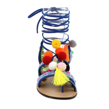 Chase & Chloe Simone-1 Women's Leg Wrap Tassel Pom-Pom Beads Flat Sandals