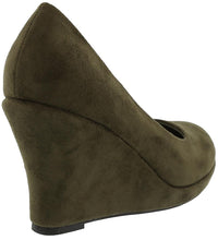 Top Moda Shoes Women's Odell-88 Round Toe Slip On Faux Suede Nubuck Mid Heel Wedge Pumps