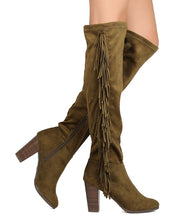 Breckelles GB03 Women Faux Suede Over The Knee Falling Fringe Chunky Heel Boot