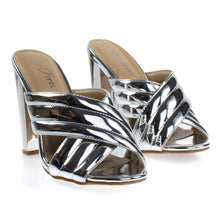 Chunky Block Heel Slipper Mule, Metallic Party Sandal w Padded Straps