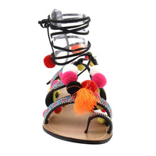 Chase & Chloe Simone-1 Women's Leg Wrap Tassel Pom-Pom Beads Flat Sandals