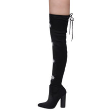 X2B FG50 Women's Over The Knee Ripped Distressed Chunky Block Heel Denim Boots