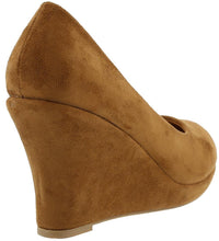 Top Moda Shoes Women's Odell-88 Round Toe Slip On Faux Suede Nubuck Mid Heel Wedge Pumps