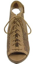 Soda Women's Perforated Lace Up Peep Toe Stacked Chunky Heel Bootie