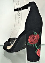 Wild Diva Morris-01B FAUX SUEDE EMBROIDERED ANKLE STRAP BLOCK HEELS SANDAL Black