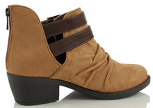 Soda Women's Verity Ruched Cut Out Side Double Buckle Side Stacked Heel Ankle Bootie